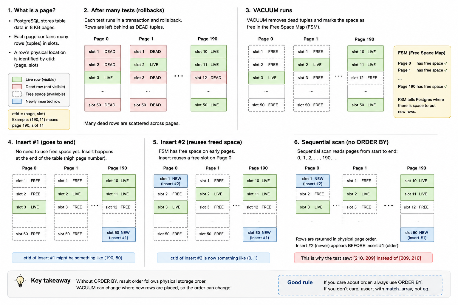 How PostgreSQL pages, dead tuples, VACUUM, and the free space map change sequential scan order